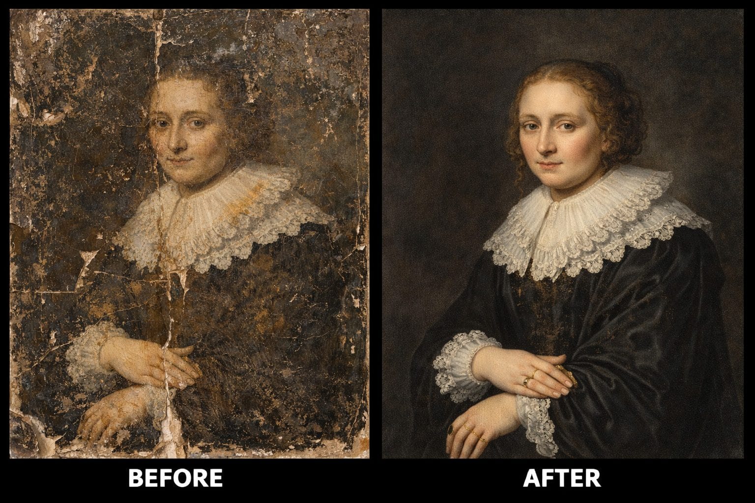 Antique artwork restoration before and after showing professional restoration of old painting and artwork