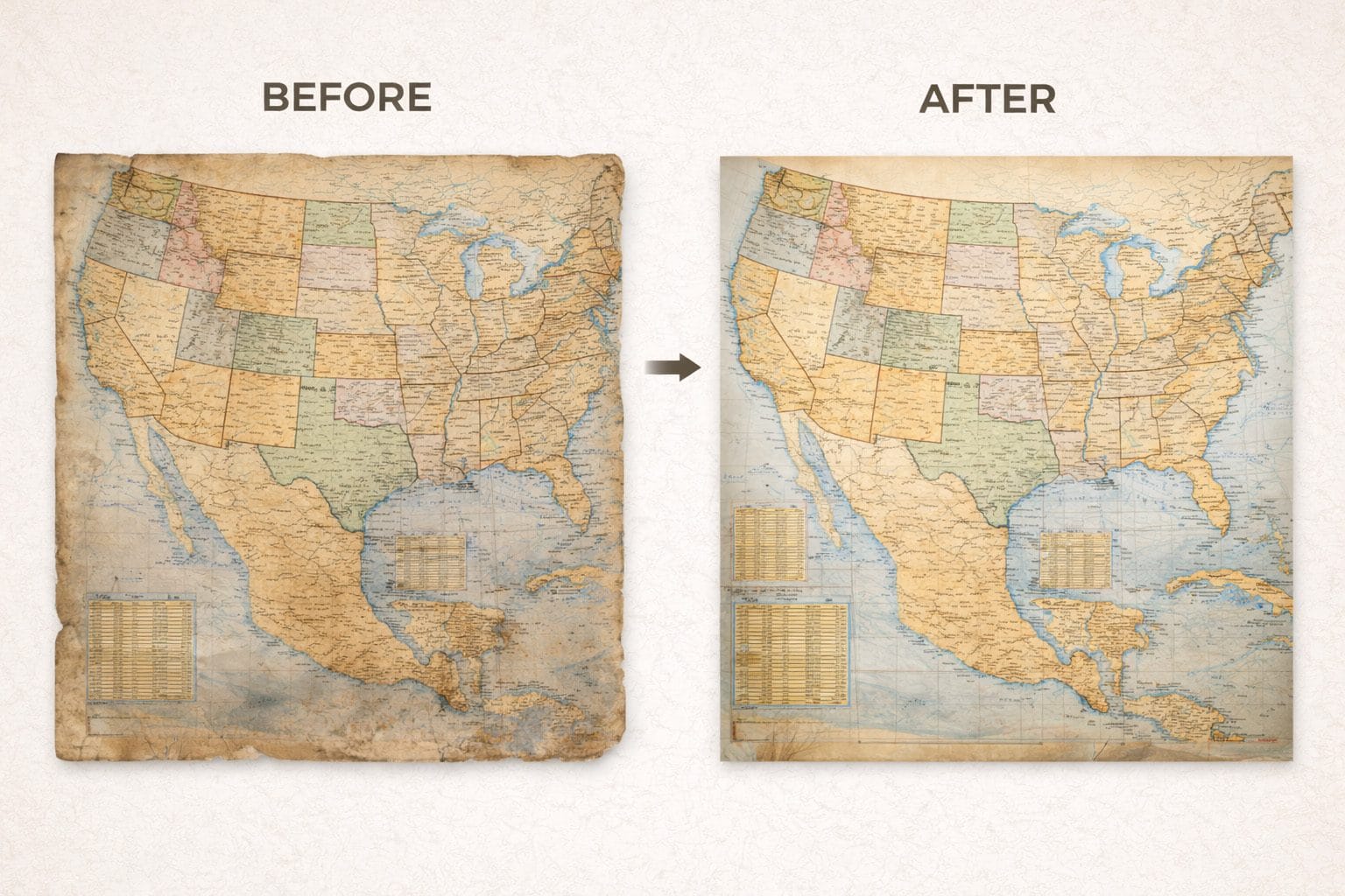 Before and after antique map restoration showing professional art and antique edition work
