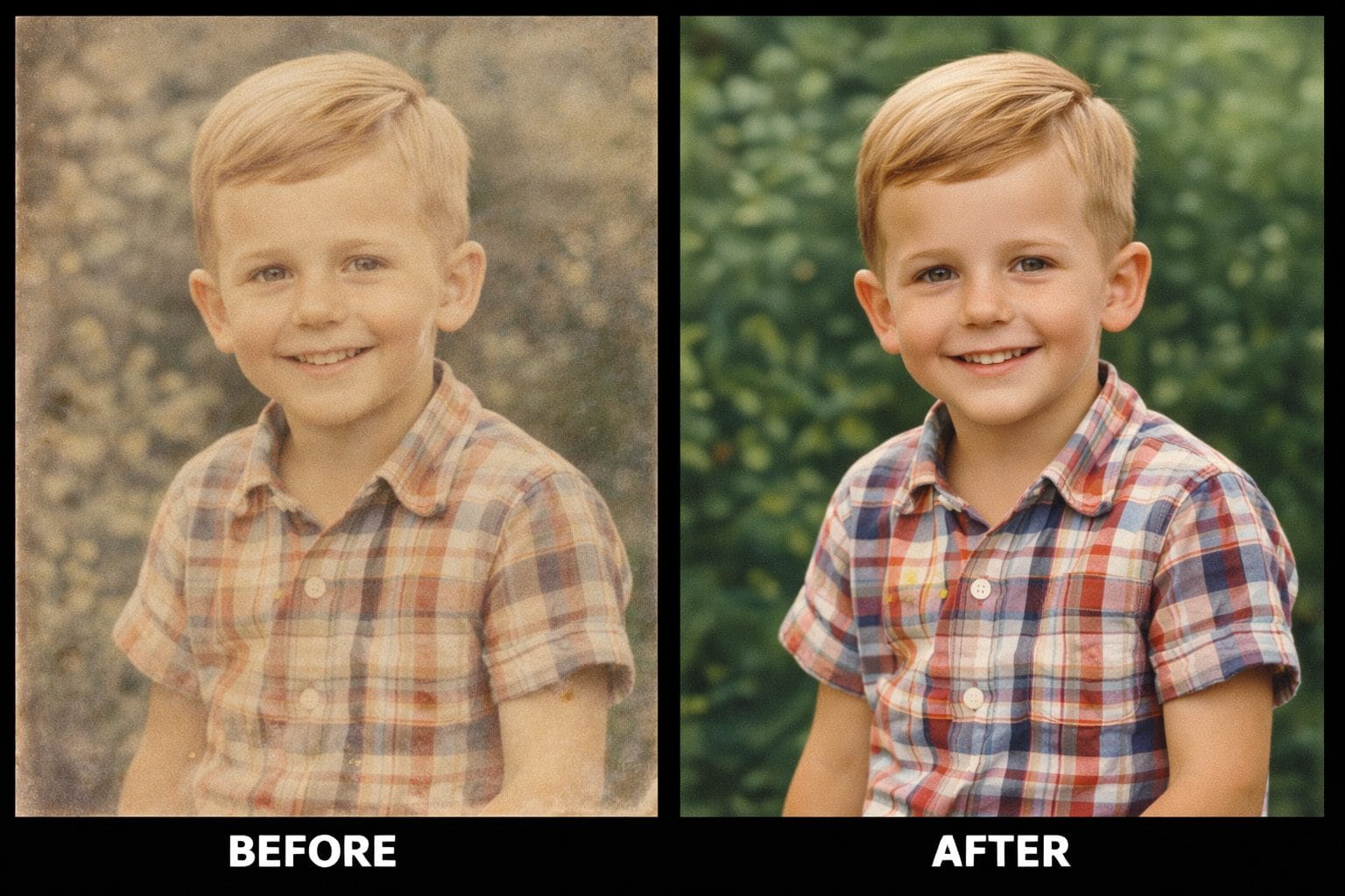 Before and after color restoration and enhancement of a vintage photograph