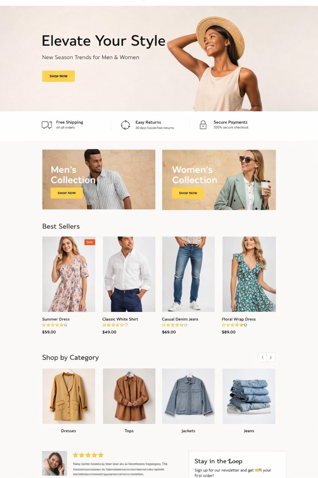 Modern fashion clothing eCommerce website homepage design Caption: Fashion store full homepage UI design