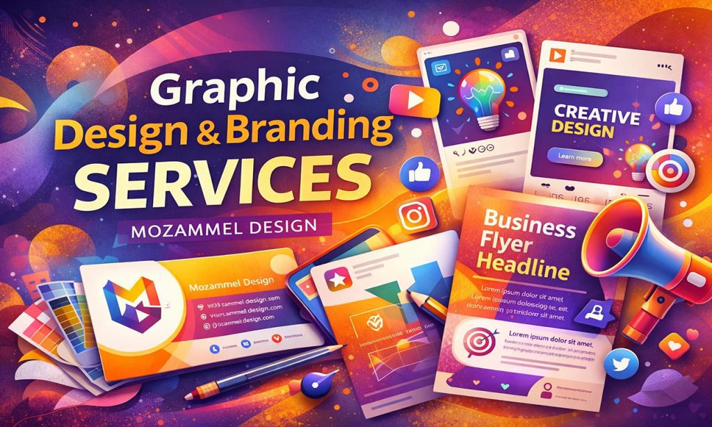 Graphic design services for branding, business cards, flyers, and social media design