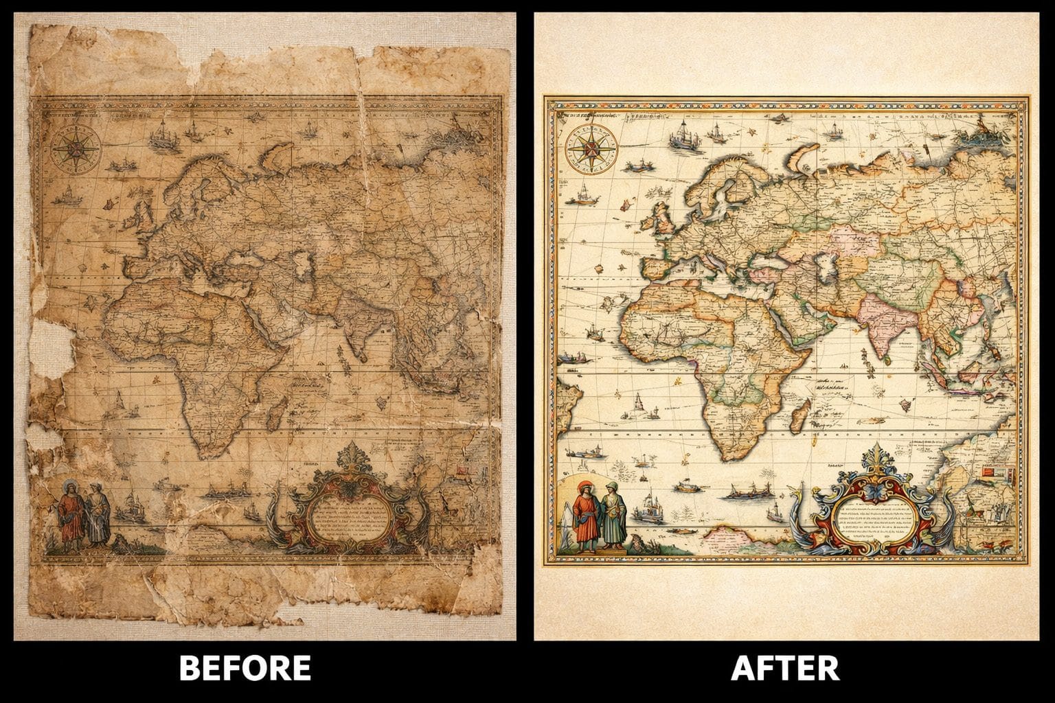 Historical map editing before and after showing professional antique map restoration and enhancement