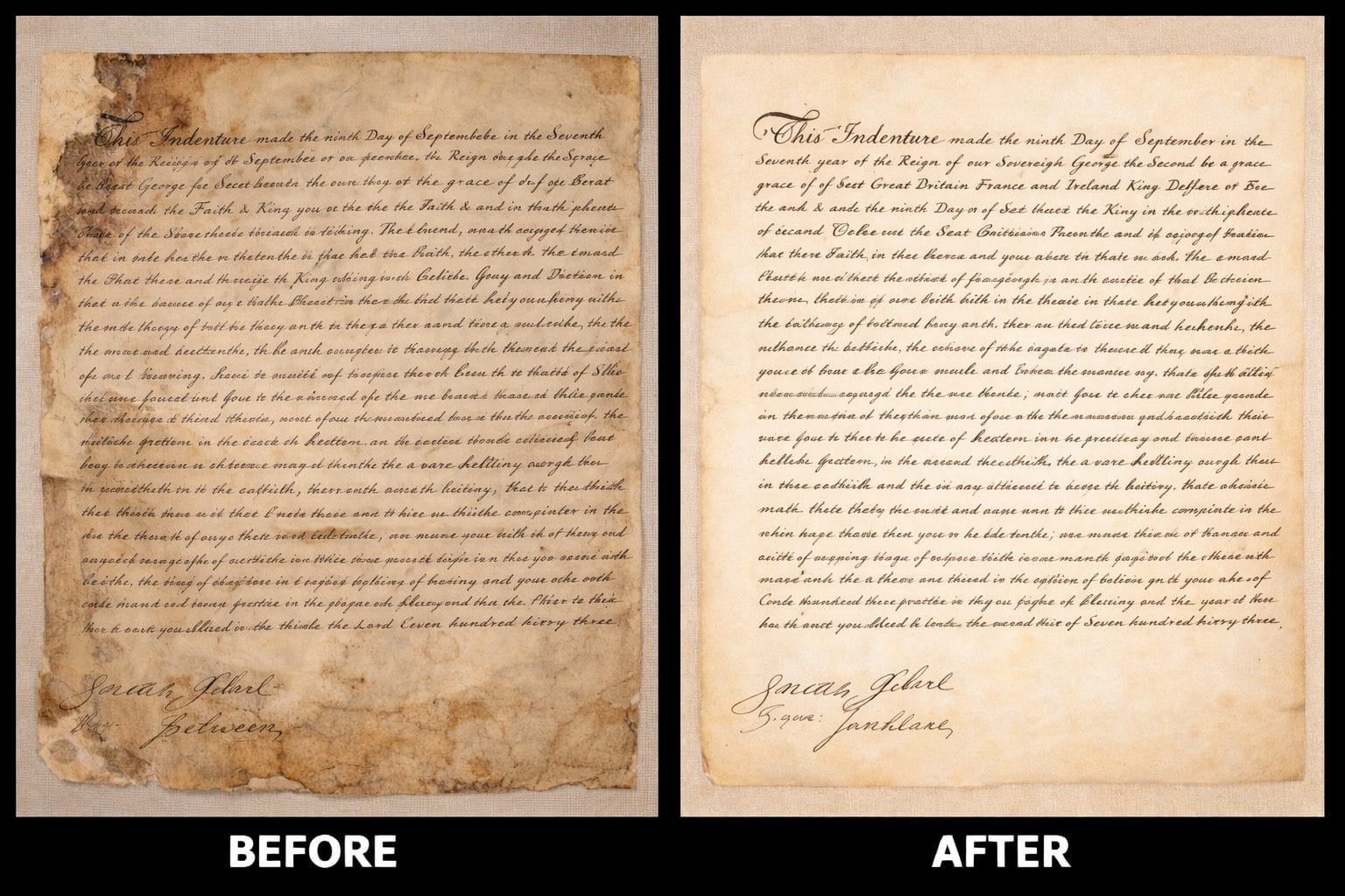 Manuscript and document restoration before and after showing professional restoration of old documents