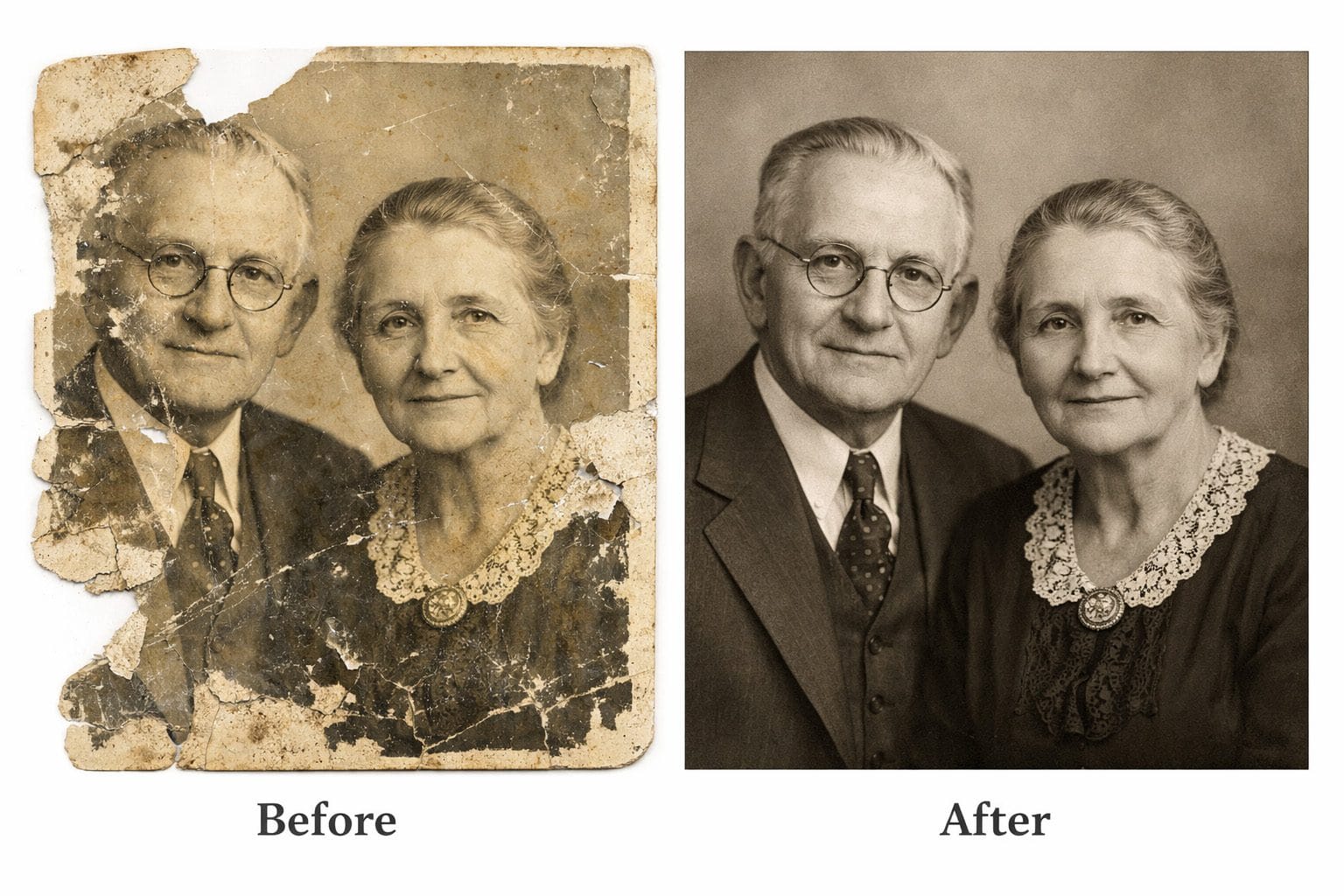 Old photo restoration before and after showing professional vintage photo repair and enhancement