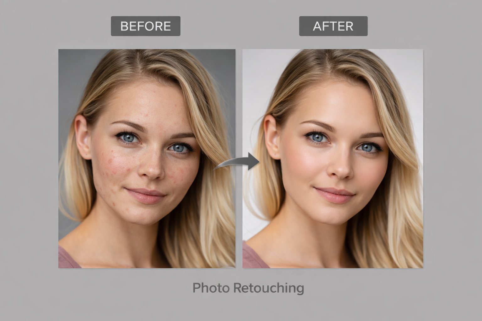 Before and after photo retouching with natural skin enhancement