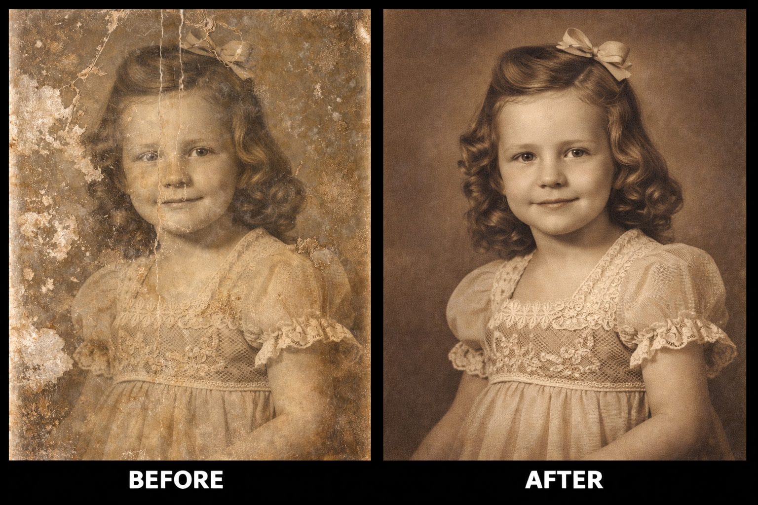 Before and after vintage photo retouching showing restored old photograph with improved color, clarity, and details