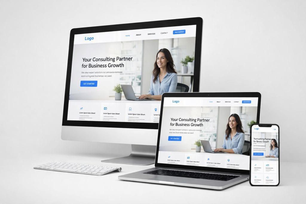 Professional WordPress website design mockup created with Elementor, showcasing a modern and responsive business website layout