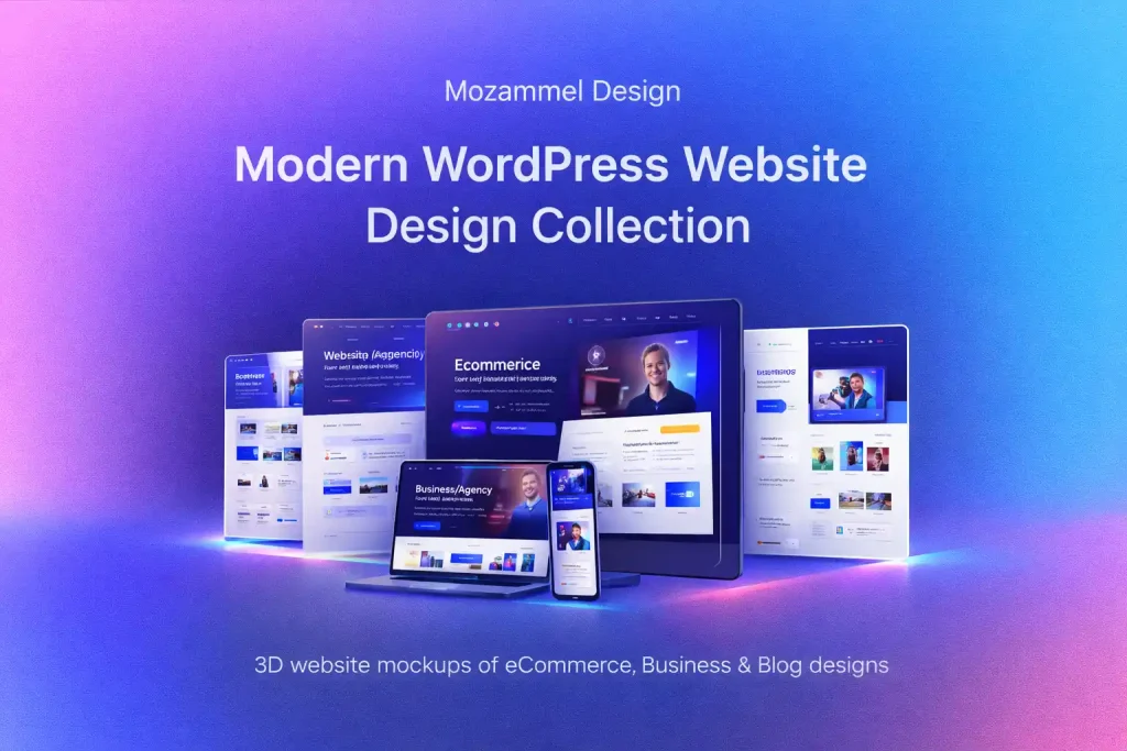 Modern WordPress website design 3D mockup presentation with responsive desktop, tablet and mobile layout