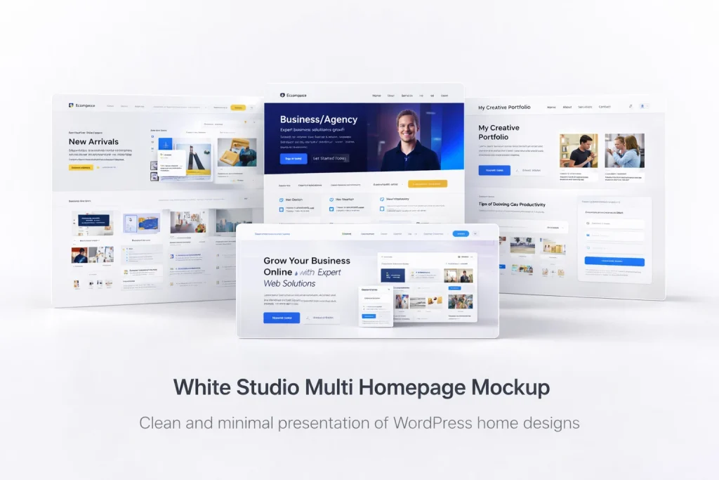 White studio WordPress website mockup presentation showing clean ecommerce layout design