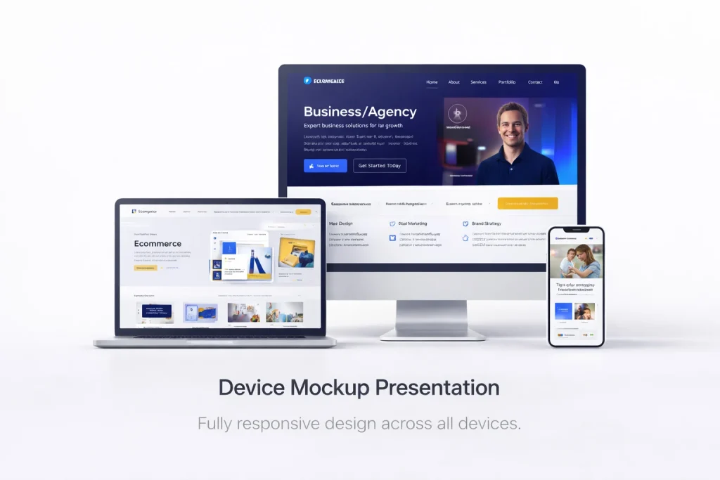 Responsive WordPress website mockup showing desktop, tablet and mobile device layout design