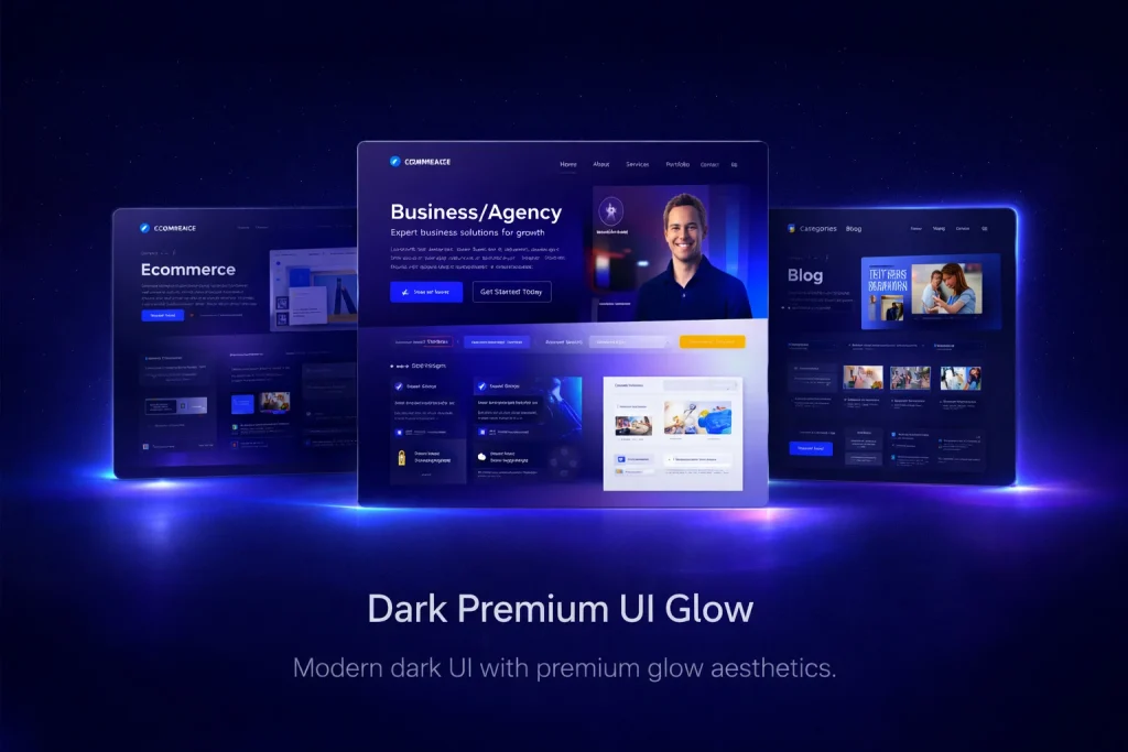 Dark premium WordPress website UI design with glowing modern interface presentation