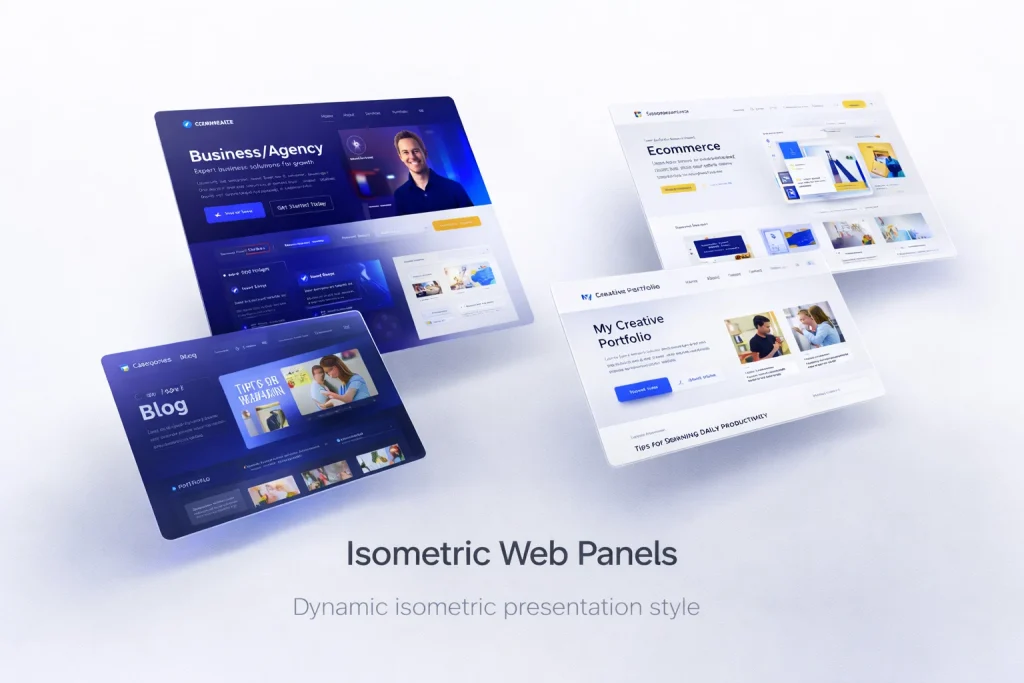 Isometric WordPress website layout with layered web panels presentation