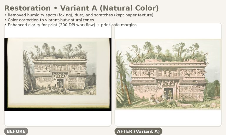 Before and after antique artwork restoration showing natural color revival and foxing removal while preserving original paper texture.