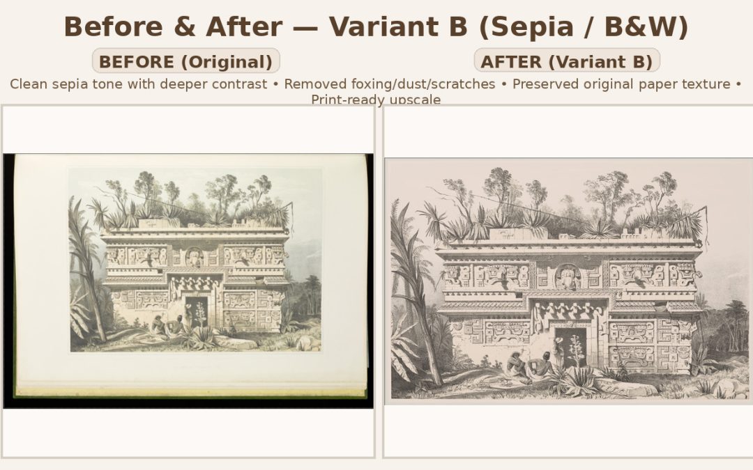 Antique Artwork Restoration – Sepia Before & After Comparison