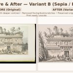 Before and after antique artwork restoration in sepia tone showing high contrast refinement and foxing removal.