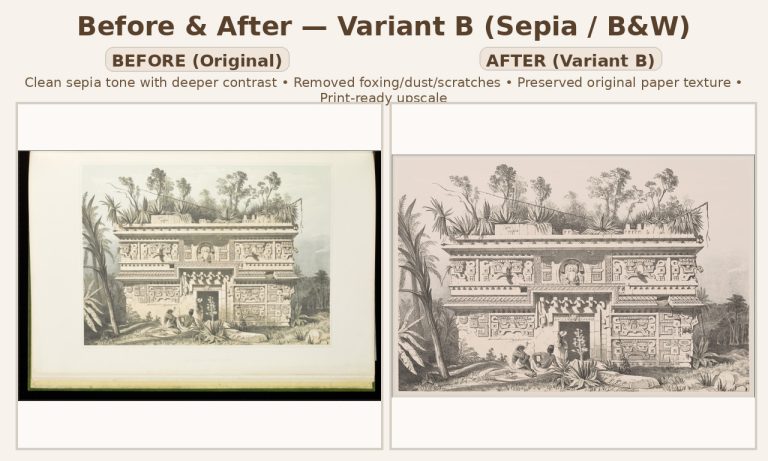 Before and after antique artwork restoration in sepia tone showing high contrast refinement and foxing removal.