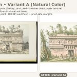 Before and after antique artwork restoration showing natural color revival and foxing removal