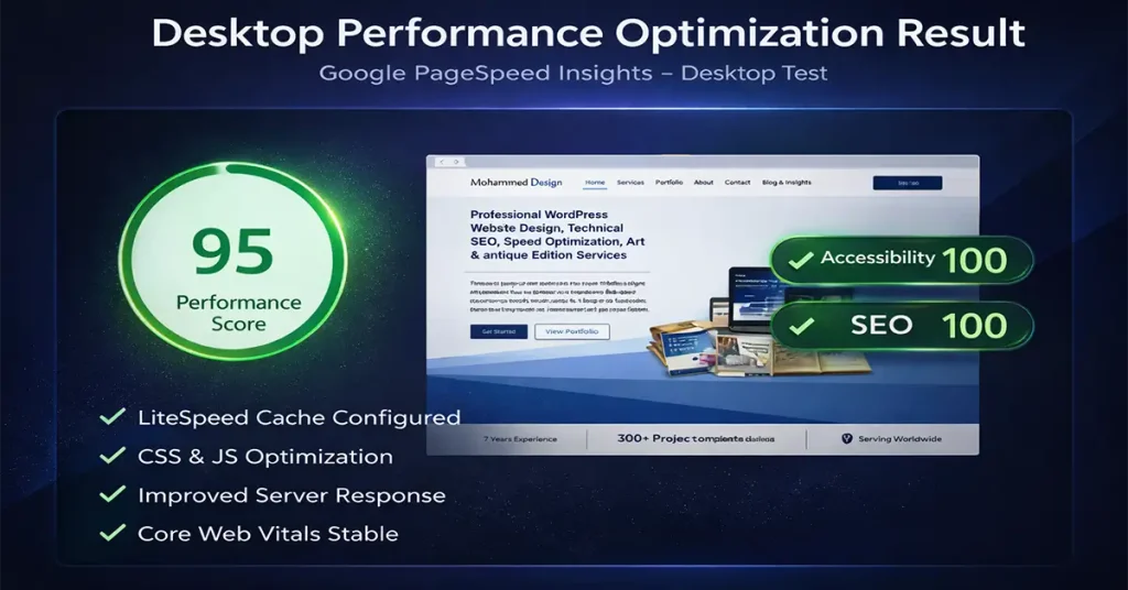 Desktop performance score from Google PageSpeed Insights showing successful WordPress speed and technical SEO optimization