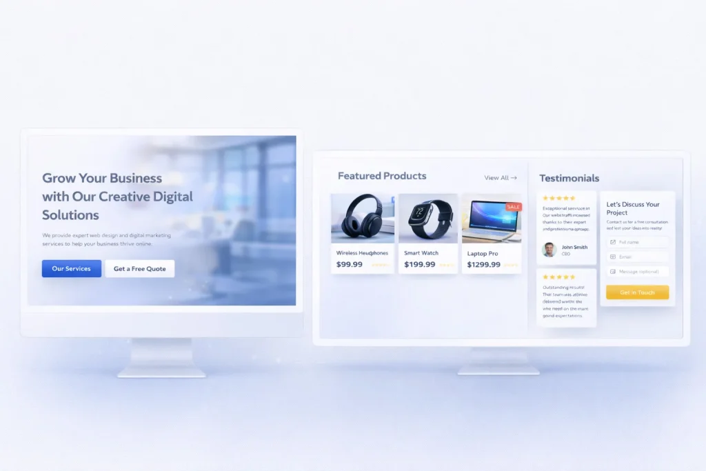 WordPress desktop responsive website preview showcasing modern business layout and ecommerce sections