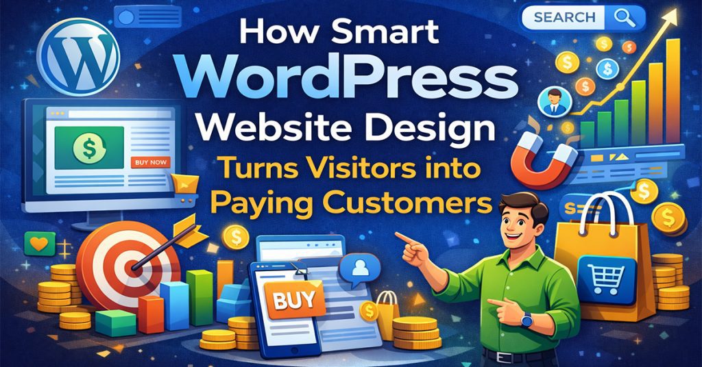 Professional WordPress website design illustration showing expert website structure, speed optimization, and on-page SEO converting visitors into paying customers