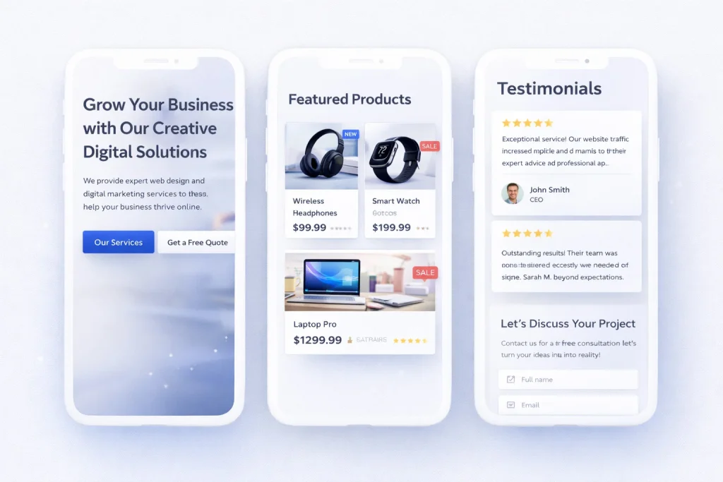 WordPress mobile responsive website preview showcasing modern business and ecommerce layout optimized for smartphone devices