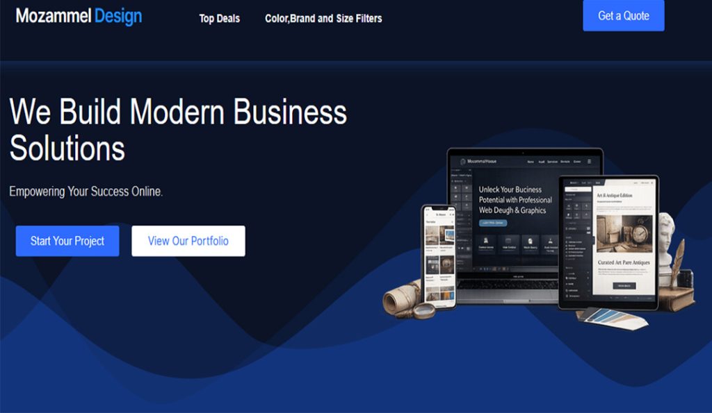 Modern dark blue business website homepage design with responsive layout and professional corporate UI structure