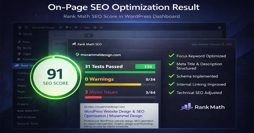 On-page SEO optimization result with Rank Math score 91 for improved WordPress website performance