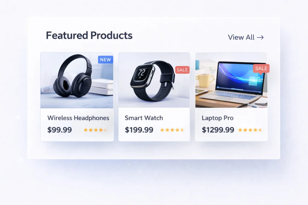 WordPress ecommerce product grid UI design showcasing featured products with pricing, ratings and clean layout