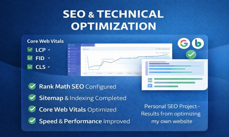 SEO and technical optimization project showing Core Web Vitals improvement, Rank Math SEO setup, sitemap indexing, and website speed optimization results.