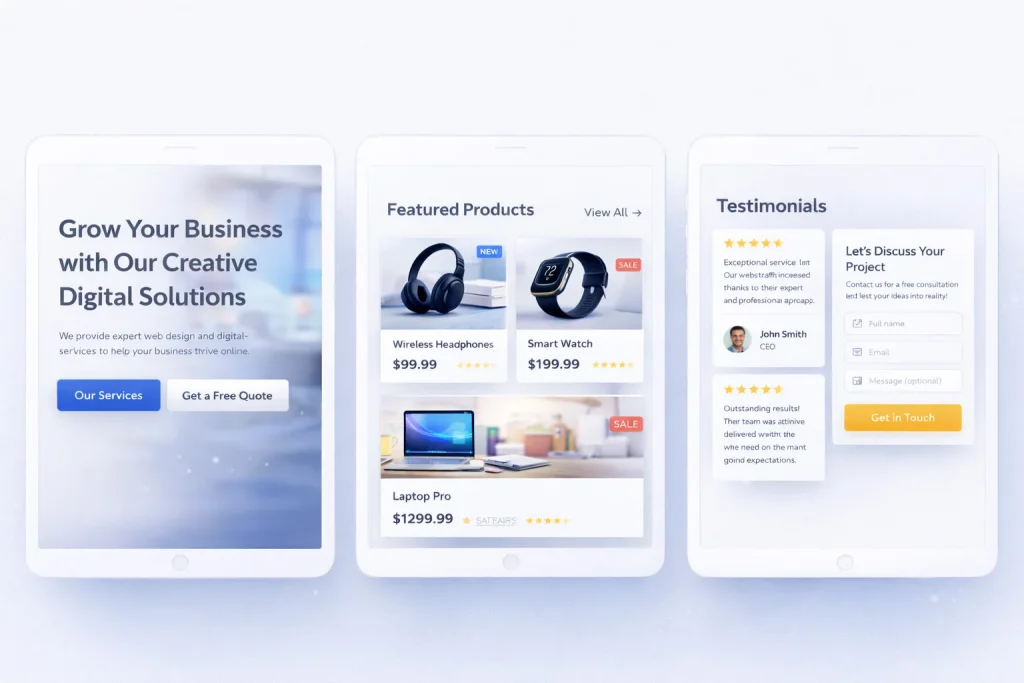 WordPress tablet responsive website preview showcasing modern ecommerce and business layout optimized for medium screen devices