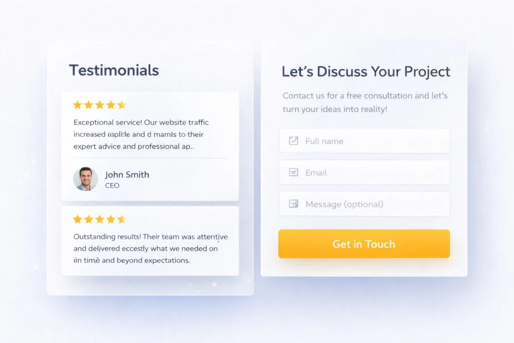 WordPress testimonials and contact conversion section UI design showcasing client reviews and call-to-action layout