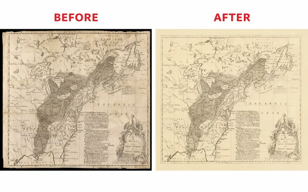 Antique map restoration before and after Photoshop editing of the 1755 British Territories North America map showing cleaned stains, repaired paper damage, and enhanced vintage details.