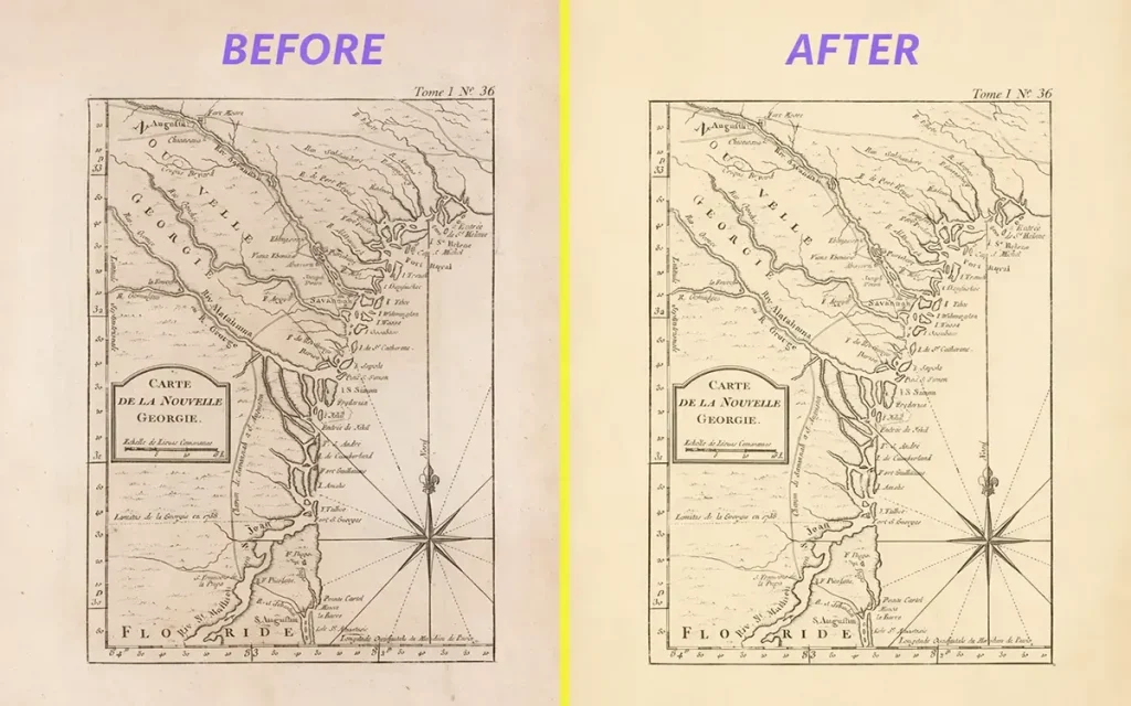 Carte de la Nouvelle Georgie antique map restoration before and after showing cleaned stains, repaired paper damage, and enhanced vintage map details.