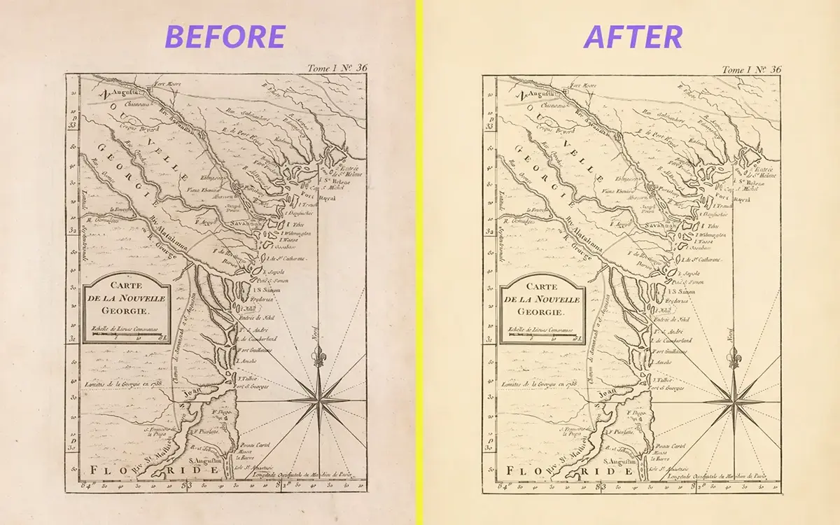 Carte de la Nouvelle Georgie antique map restoration before and after showing cleaned stains, repaired paper damage, and enhanced vintage map details.
