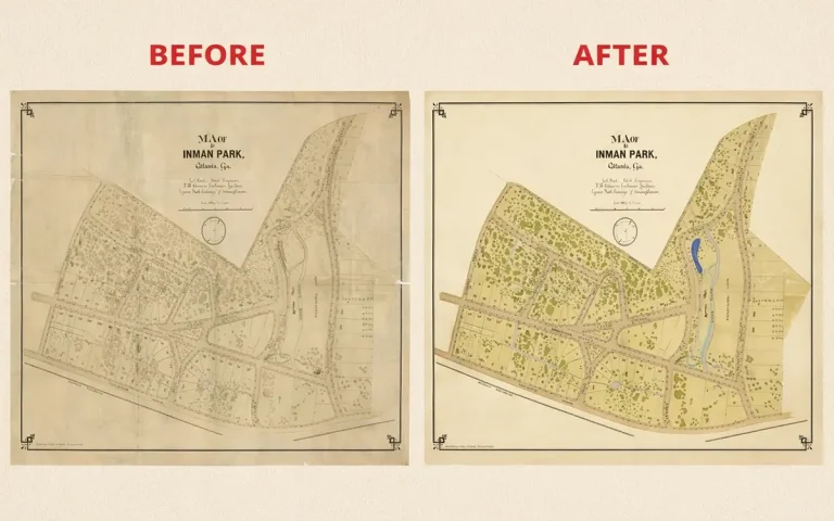 Historic Paris antique map restoration before and after Photoshop editing showing cleaned stains, repaired paper damage, and enhanced vintage map details.