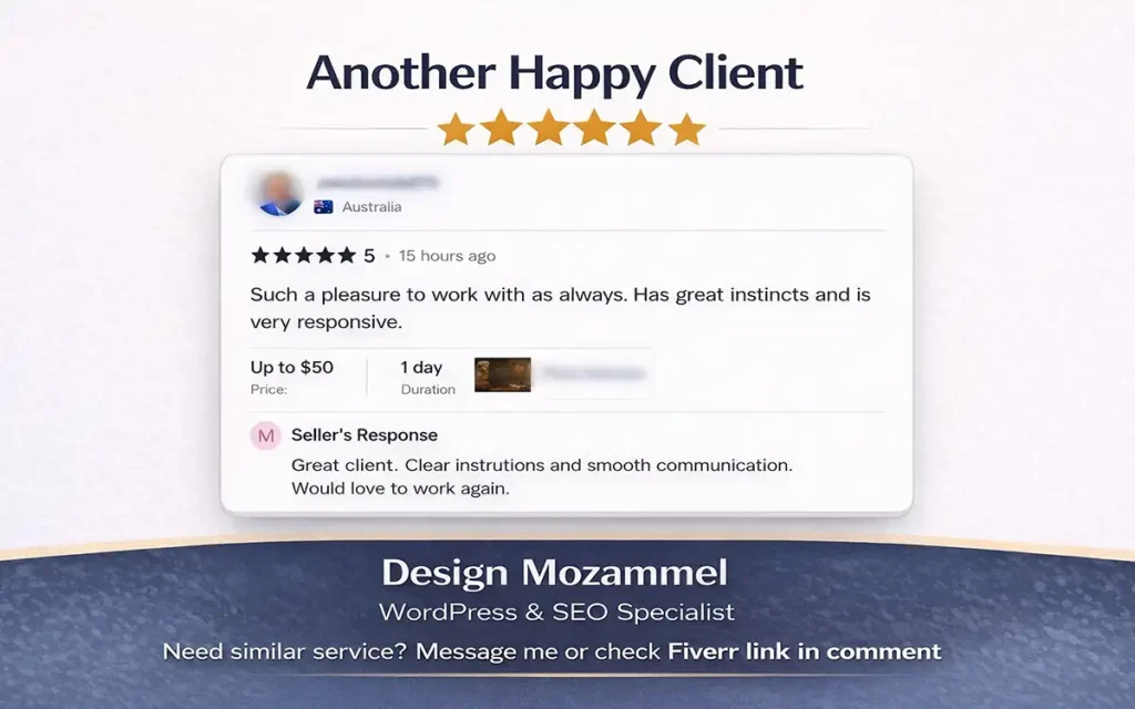 5 star client review for WordPress website design SEO and speed optimization service by Mozammel