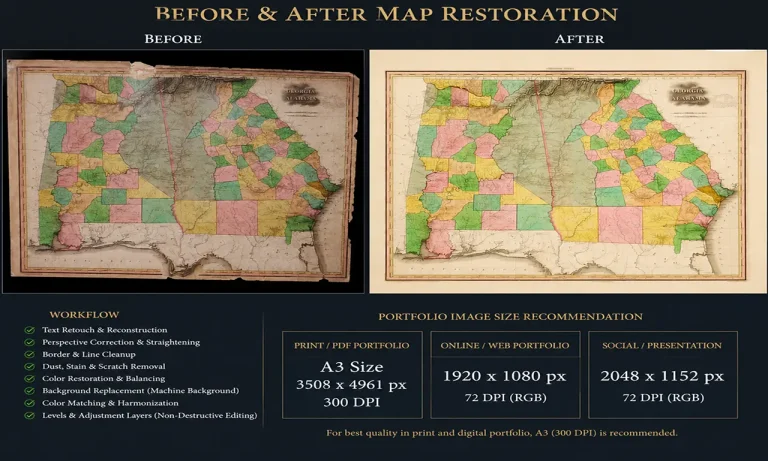 Before and after antique map restoration and color correction of a vintage Georgia state map