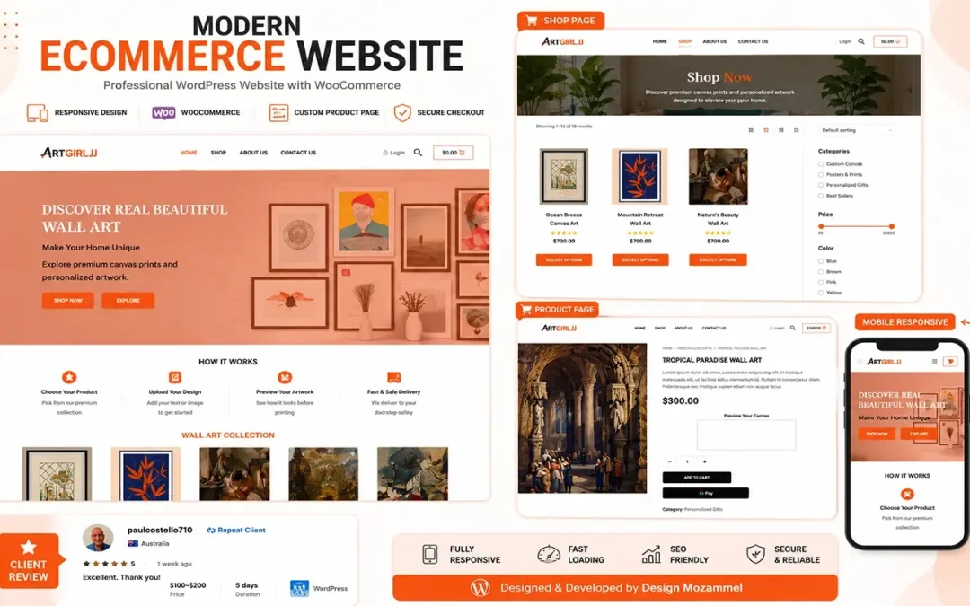 Modern ecommerce website design portfolio project created with WordPress WooCommerce and responsive mobile layout