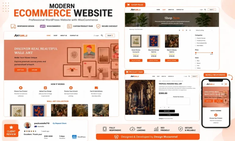Modern ecommerce website design portfolio project created with WordPress WooCommerce and responsive mobile layout