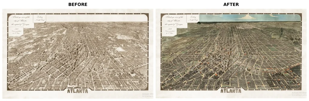 1919 Atlanta bird's-eye map restoration and colorization before and after