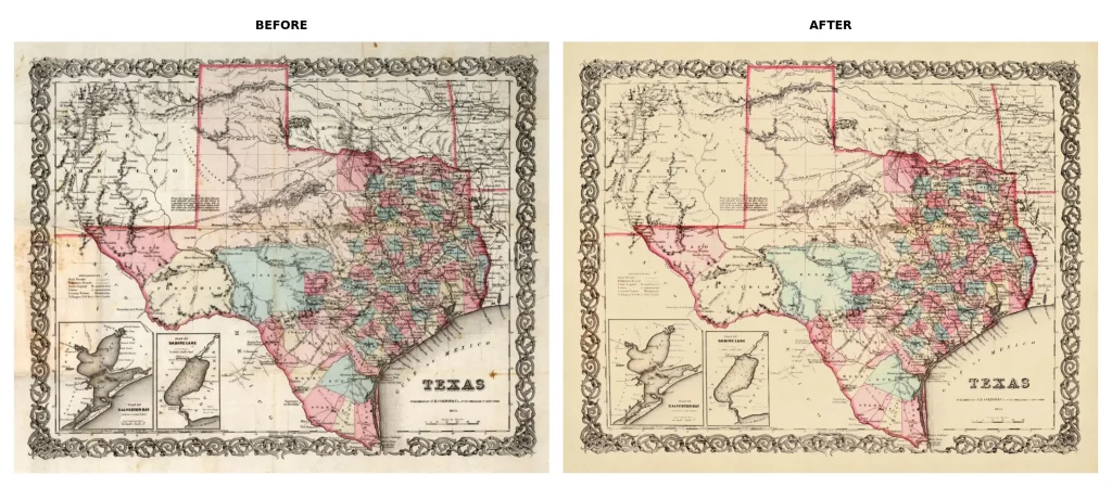 Antique Texas map digital restoration before and after with stain cleanup and historical detail preservation