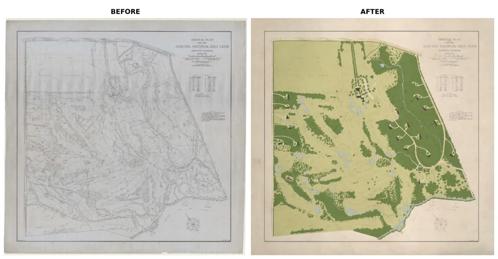 Augusta National Golf Club historical map restoration and custom colorization before and after
