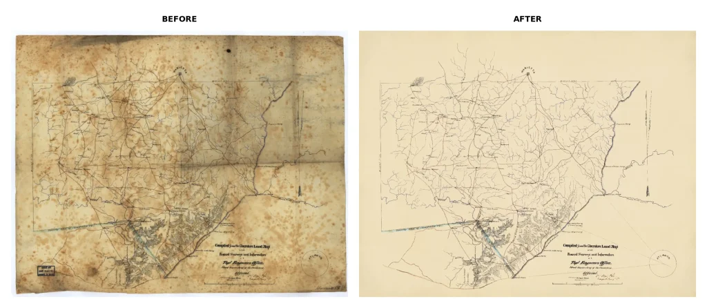 Cobb County Georgia historical map restoration before and after showing foxing and stain removal