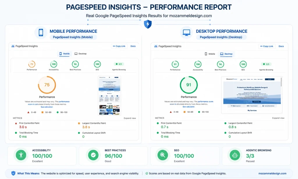 Google PageSpeed Insights performance results for Mozammel Design website