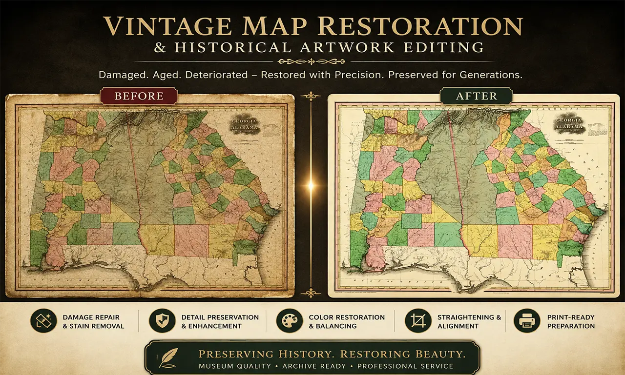 Vintage map restoration before and after by Mozammel Design