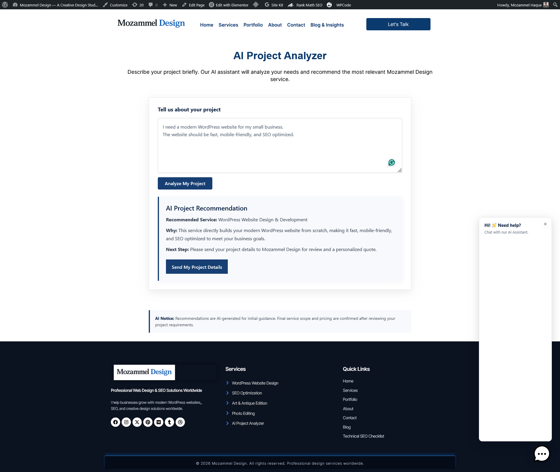 WordPress AI Project Analyzer by Mozammel Design