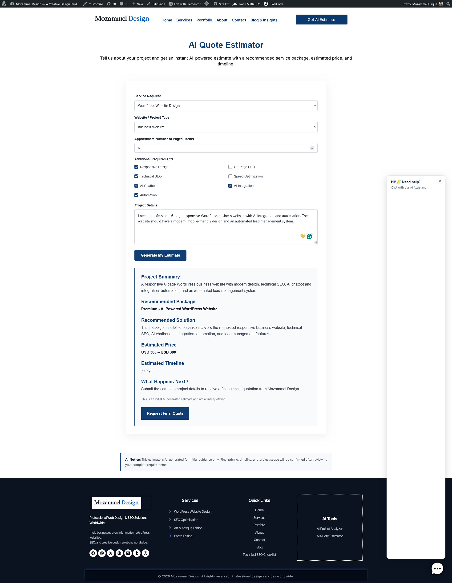 WordPress AI Quote Estimator by Mozammel Design