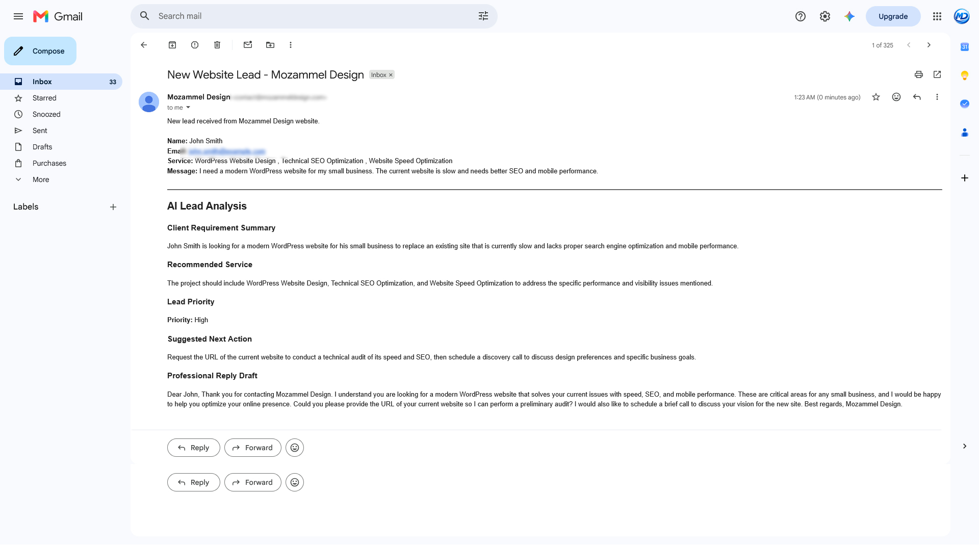 AI Lead Analysis Gmail Automation by Mozammel Design