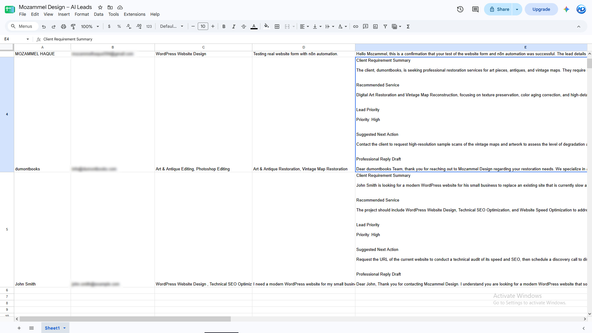 AI Lead Storage Google Sheets Automation by Mozammel Design
