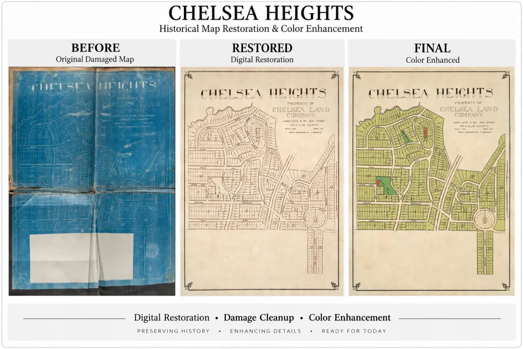 Chelsea Heights historical map before and after digital restoration and color enhancement